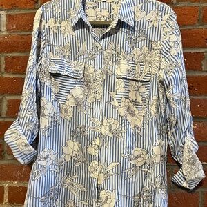 Express Blue and White Floral Striped Shirt